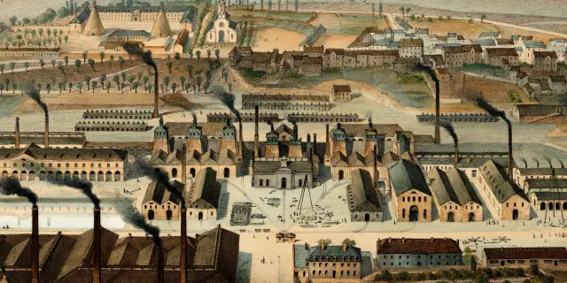 Vue d’ensemble de la ville du Creusot en 1847, avec au premier plan l’ancienne Fonderie royale.