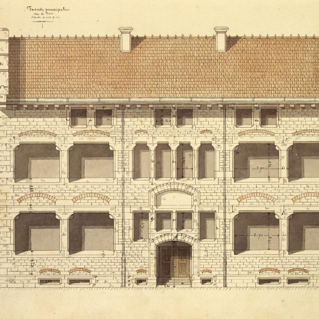 Drawing of the rue Jean Jaurès school facade by architect Dulac, Montceau-les-Mines.