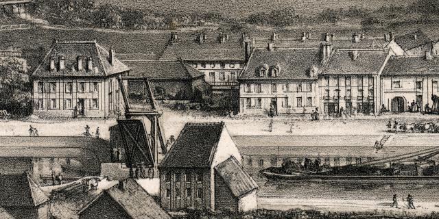 The canal and wooden drawbridge at Montceau-les-Mines in 1857.