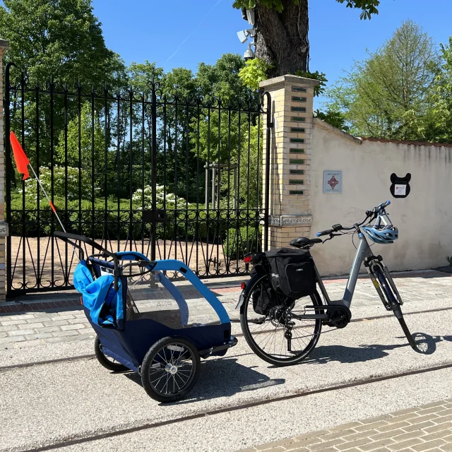 Electric-assist bicycles in front of Villa Perrusson